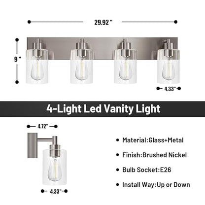 4-Light Brushed Nickel Bathroom Vanity Lights, Clear Glass | Brushed Nickel Metal Frame,Up/Down Wall Mount,cylinder Glass Shade,Kitchen Hallway Bedroom Indoor Use,Easy Install,E26 Base - size: 4-light