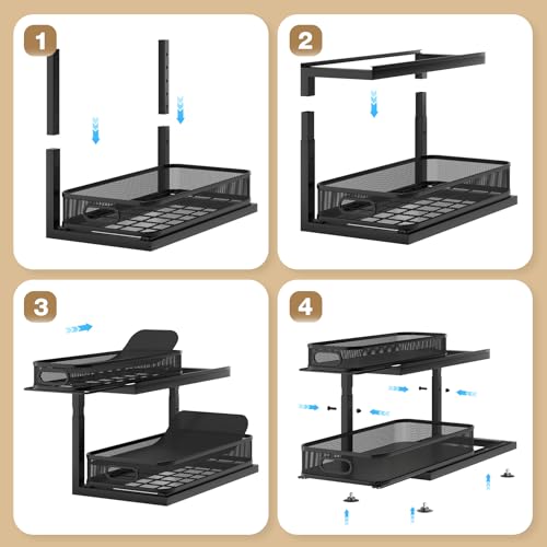 1 Pack-16"D Under Sink Storage Organizer with 2-Tier Slide Out Drawer, Sophisticated Mesh Pull Out Shelf for Kitchen & Bathroom, Fits Small Items, Upgraded Arched Track for Smooth Gliding-Black