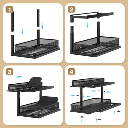 1 Pack-16"D Under Sink Storage Organizer with 2-Tier Slide Out Drawer, Sophisticated Mesh Pull Out Shelf for Kitchen & Bathroom, Fits Small Items, Upgraded Arched Track for Smooth Gliding-Black
