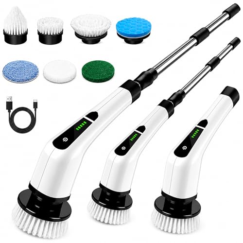 7-in-1 Electric Spin Scrubber with Long Extendable Handle, Cordless Power Scrubber with 7 Replaceable Brush Heads for Bathroom, Shower, Bathtub, Tile, Floor, Glass & Car Cleaning