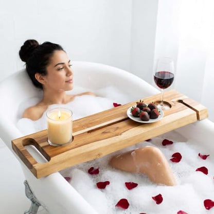 EcoDecors Eleganto 30" Live Edge Solid Teak Bath Caddy Tray with Handle, Book & Tablet Holder, Wine Glass Holders, Luxury Bathtub Tray - style: 30" Live Edge