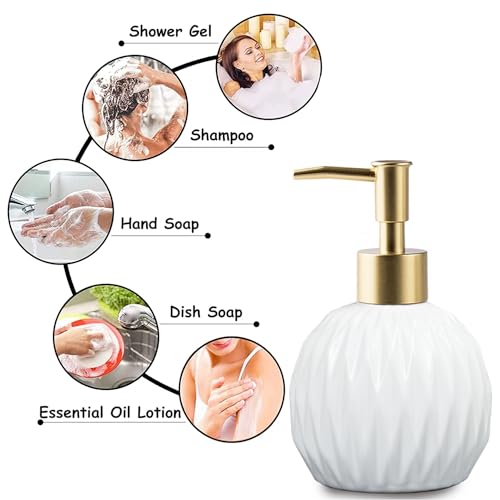Ceramic Soap Dispenser White with Gold Pump,Modern Design Cylindrical Lotion Dispenser Bottle,Refillable Liquid Hand Soap Dispenser for Kitchen,Bathroom,Washroom - color: White（b）