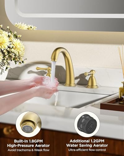 FORIOUS Bathroom Faucet 3 Hole Widespread 8" Sink Faucets Brushed Gold | 3-hole 6-12 Inch Widespread Sink, 2 Lever Handle, with Drain and Hoses,for Vanity Rv Commercial Lavatory Restroom Farmhouse - color: Brushed Gold, style: Classic