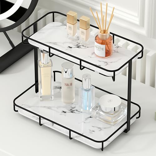Bathroom Organizer Countertop Perfume Organizer Makeup Organizer Cosmetics Storage Display Rack Vanity Tray Dresser Stainless Steel Gold Shelf White Marble Ceramic Tray - color: 2 Tier Xl-black