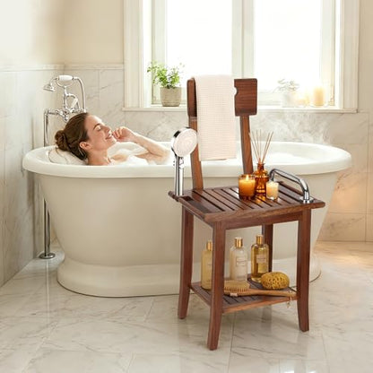 Shower Stool with Shelf and Handrails, Solid Water-Resistant Teak Shower Stool, Easy to Assemble, 300 lbs Capacity, 18.5 Inches, Ideal for Seniors, Kids & Those with Mobility Needs