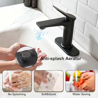 Rbrohant Single Hole Bathroom Faucet, Matte Black Single Handle Bathroom Sink Faucets for 1 Hole, Bathroom Vanity Faucet with Pop up Drain and Cover Plate, Deck Mount, R2001-MBP - color: Matte Black, style: With Escutcheon