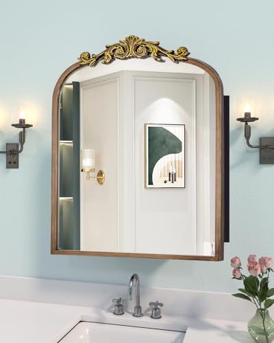 24x30 Inch Bathroom Medicine Cabinet Surface Mounted, Medicine Cabinet with Arched Mirror, Hand-Painted Bronze Aluminum Frame, Baroque Flower Decor, Black Metal Cabinet, 2 Stable & Removable Shelves - size: Frame:24"x30" (Surface Mount Only)
