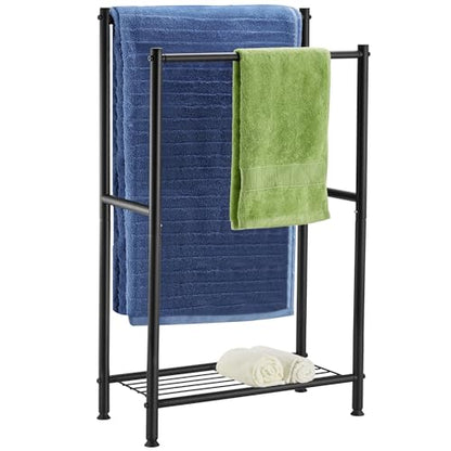Free Standing Towel Rack, 2 Tier Towel Racks for Bathroom with Storage Shelves, Outdoor Standing Towel Drying Rack for Poolside, Black, DECLUTTR