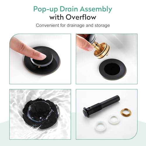 Faustina Matte Black Bathroom Faucet, Single Handle Stainless Steel Bathroom Vanity Faucet with Metal Pop-Up Drain and Deck Plate for 1 or 3 Hole - color: Black, style: Classic