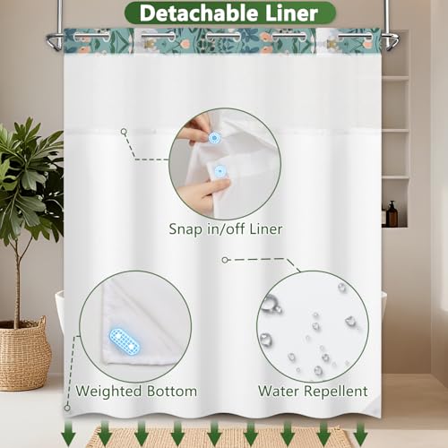 Floral No Hook Shower Curtain with Snap in Liner, Double Layers Waterproof Bathroom Shower Curtain Sets with See Through Window and Weighted Hem, 71x74 Inches Shower Curtain for Bathroom and Hotel - color: Blooming Garden