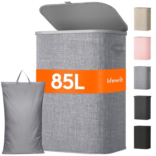 Lifewit 85L Large Laundry Basket with Lid, Laundry Hamper with Plastic Handles and Removable Bag, Foldable Tall Dirty Clothes Hampers for Laundry for Laundry Room, Bedroom, Bathroom, Dorm, Light Gray - color: Light Gray, size: 85L