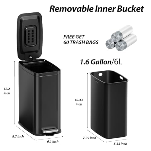 1.6 Gal Small Bathroom Trash Can with Lid, Step Pedal, Slim Black | Stainless Steel Garbage Can, Soft Close Lid, Removable Inner Bucket, Includes 60 Trash Bags for Restroom Bedroom - color: Silver and Black