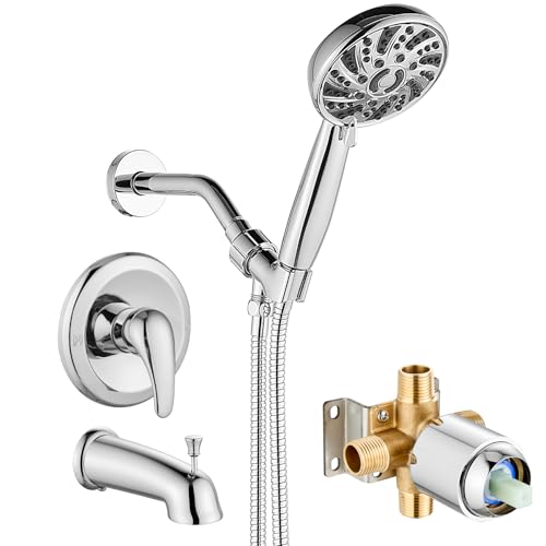 gotonovo Tub Shower Faucet Set with Valve 6 Mode Handheld Polished Chrome | Bathtub Faucet Set,6 Mode ABS Handheld Spray,6.3’’ Metal Tub Spout,Brass Valve Trim Kit,Shower Head and Handle Kit,Wall Mount - color: Chrome