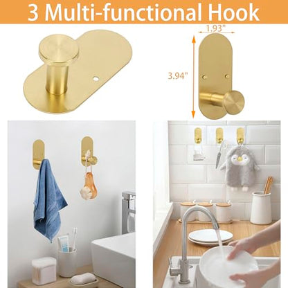 TocTen 5 Pieces Wall Mounted or Self Adhesive Towel Bar Set, Stainless Steel Bathroom Hardware Set Include 16″ Towel Rack, Toilet Paper Holder, 3 Towel Hook, Sticky Bathroom Accessory Kit (Gold) - color: Brushed Gold