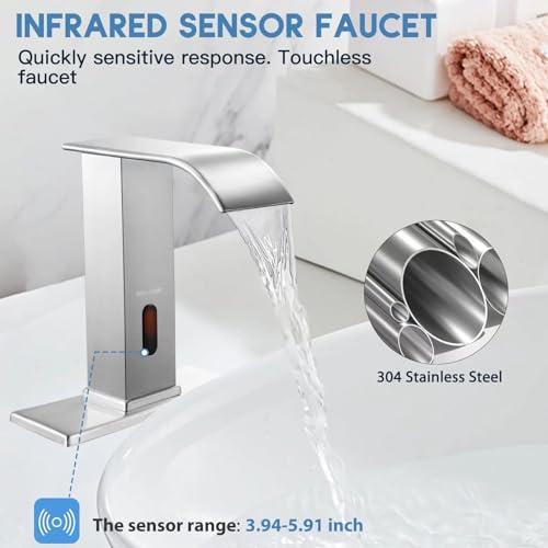 Touchless Bathroom Faucet Automatic Bathroom Sink Faucet with Sensor, Control Box and Temperature Mixer and Hole Cover Plate, Brushed Nickel - color: Brushed Nickel, size: Waterfall
