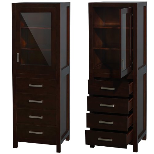 Wyndham Collection Sheffield 24 inch Linen Tower in Espresso with Shelved Cabinet Storage and 4 Drawers - color: Espresso With Brushed Chrome Trim