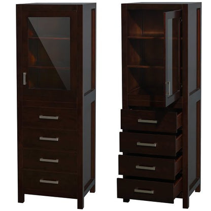 Wyndham Collection Sheffield 24 inch Linen Tower in Espresso with Shelved Cabinet Storage and 4 Drawers - color: Espresso With Brushed Chrome Trim