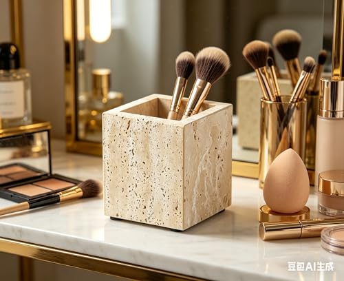 Travertine Marble Organizer Cup - Genuine Stone Toothbrush Holder, Pen & Makeup Brush Stand for Bathroom & Office Desk, Heavy Duty Non-Slip Tumbler, Modern Countertop Decor
