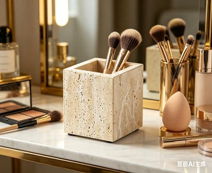 Travertine Marble Organizer Cup - Genuine Stone Toothbrush Holder, Pen & Makeup Brush Stand for Bathroom & Office Desk, Heavy Duty Non-Slip Tumbler, Modern Countertop Decor
