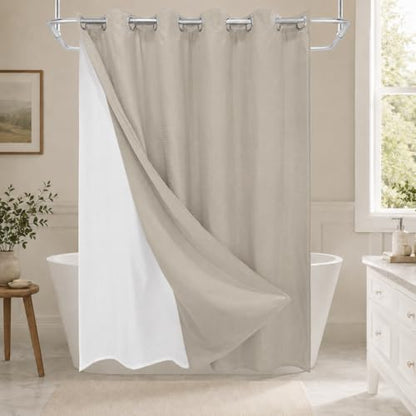 No Hook Shower Curtain Set with Snap-in Detachable Liner, 230 GSM Waffle Weave Fabric, Heavy Duty Water-Repellent, Khaki Beige, 72 x 86 Inch - color: Khaki Beige, size: 72"W x 86"L (Pack of 1)