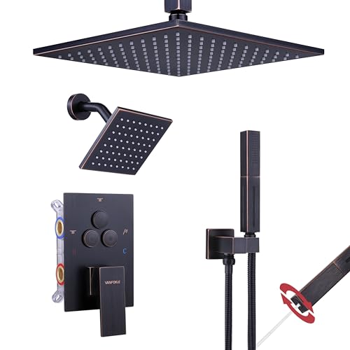 VANFOXLE Shower Faucet Set Oil Rubbed Bronze Modern Shower System | Push Button Diverter, 10 Inch Ceiling Mount Rain Head Increased Thick, 6 Inch Side Head, 2-in-1 Handheld Sprayer - color: Oil Rubbed Bronze, style: 10"+6" Head