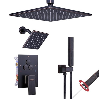 VANFOXLE Shower Faucet Set Oil Rubbed Bronze Modern Shower System | Push Button Diverter, 10 Inch Ceiling Mount Rain Head Increased Thick, 6 Inch Side Head, 2-in-1 Handheld Sprayer - color: Oil Rubbed Bronze, style: 10"+6" Head