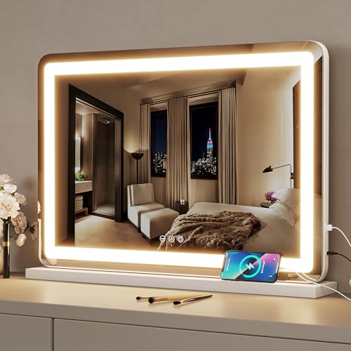 ZL ZELing Vanity Mirror with Lights, 32" x 23", LED Makeup Mirror, Dimmable 3-Color Lighting, 5X Magnification, Touch Screen Control, Wall-Mountable and Tabletop Design - color: White-3223 Led Light