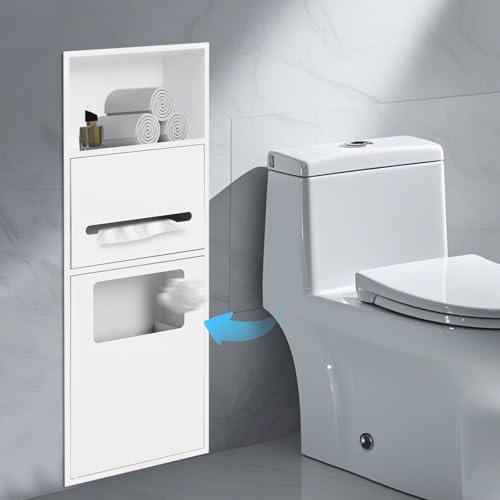 Recessed Stainless Steel Toilet Paper Holder, in-Wall Waterproof Bathroom Organizer with Trash Bin, Toilet Paper Toiletries Storage Rack 10.5 x 27 x 5.3 inches (White) - color: White