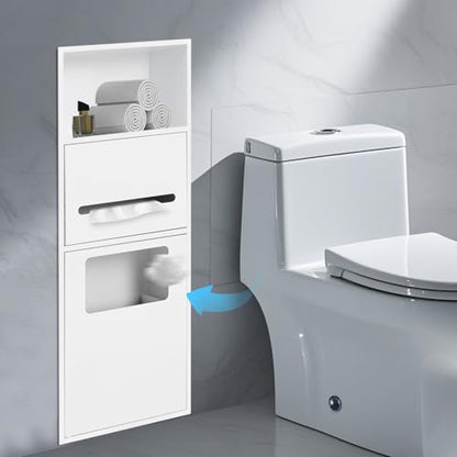 Recessed Stainless Steel Toilet Paper Holder, in-Wall Waterproof Bathroom Organizer with Trash Bin, Toilet Paper Toiletries Storage Rack 10.5 x 27 x 5.3 inches (White) - color: White