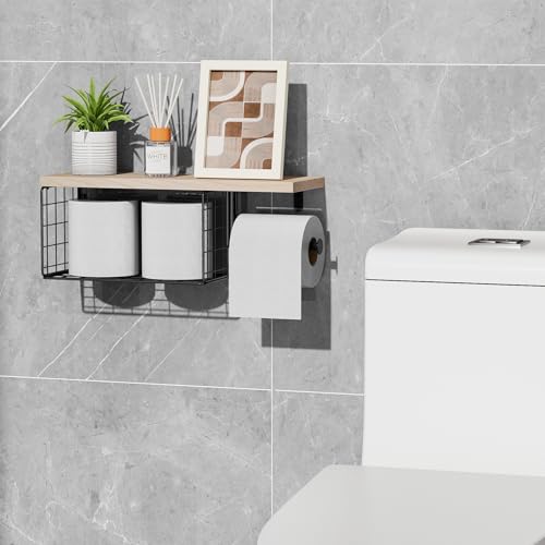 VITVITI Toilet Paper Holder with Shelf Wall Mounted Storage Basket, Natural | Farmhouse Wall Mount Toilet Paper Holder Shelves, Wood Metal Toilet Roll Wipes Holder for Bathroom - color: Natural