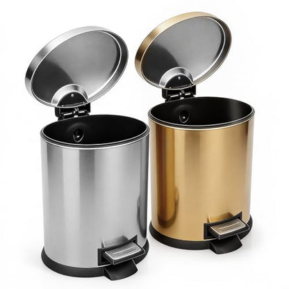 SIMPLYKLEEN Bathroom Trash Can with Lid - 2PC 1.3 Gallon Oval Small Trash Can with Soft-Close Lid, Foot Pedal, Brushed Stainless Steel, Removable Liner, Garbage can for Kitchen, Office (Gold+ Silver) - color: Gold+Silver, size: 5L Oval 2PC