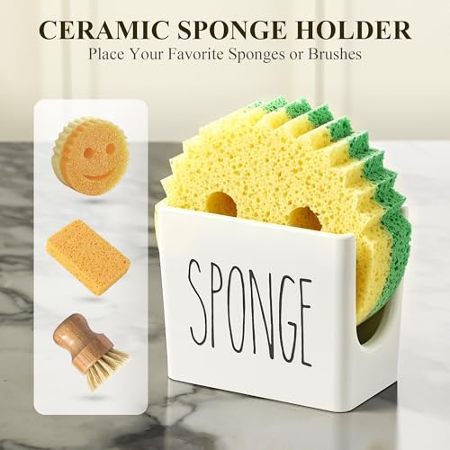 Cisily Housewarming Gifts New Home Basket, Kitchen Soap Dispenser Set Comes with Ceramics Sponge Holder, Silver Stainless Steel Pumps, and Instant Dry Tray, Hand and Dish Soap Dispenser Set - color: Silver + White+gift Box Packaging