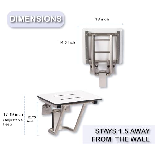 Folding Shower Chair for Elderly and Disabled | ADA Folding Shower Seat Wall Mounted Holds up to 400 lbs | Phenolic Resin Shower Chair for Inside Shower 304 Stainless Steel | 18”x16” - size: 18 x 16