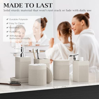 6-Piece Beige Bathroom Set - Sleek Resin Bathroom Accessories Set with Soap Dispenser, Toothbrush Holder, Vanity Tray, Tumbler & Apothecary Jars for Small Spaces - color: Beige