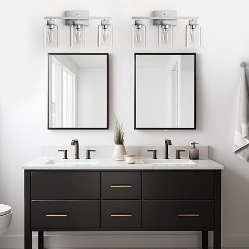 3-Light Bathroom Light Fixtures, Brushed Nickel Modern Vanity Lights, Bathroom Lighting Fixtures Over Mirror, Square Design Farmhouse Wall Sconces with Clear Glass Shades - color: Brushed Nickel, size: 3-Light