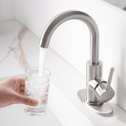 Brushed Nickel Bathroom Faucet - Single Hole Waterfall Bathroom Sink Faucet with Drain Assembly, 360° Swivel Spout Vanity Faucet Single Handle Lavatory Sink Faucet - color: Brushed Nickel