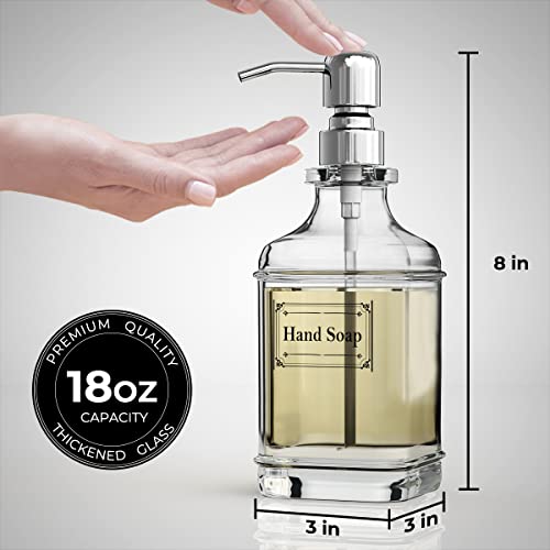 GLADPURE Soap Dispenser - 2 Pack, 18 Oz Antique Design Thick Glass Hand Soap Dispensers; with 304 Rust Proof Stainless Steel Pump, 6Pcs Clear Stickers, for Kitchen, Bathroom - Silver - color: Silver