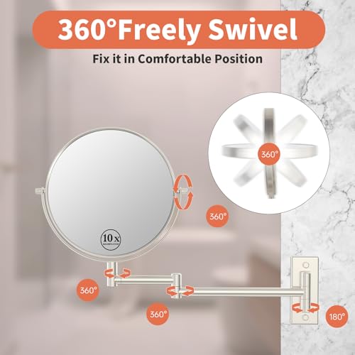 Wall Mount Makeup Mirror with 1X/10x Magnification, Nickel | 8" Double-sided Wall-mounted Magnifying Mirror with Extendable Arm for Bathroom, Round, No Lights, Brushed Nickel Finished
