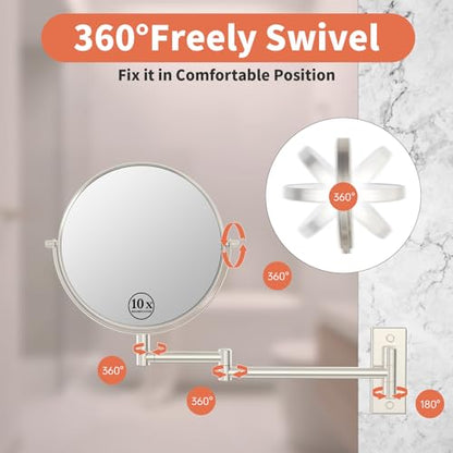 Wall Mount Makeup Mirror with 1X/10x Magnification, Nickel | 8" Double-sided Wall-mounted Magnifying Mirror with Extendable Arm for Bathroom, Round, No Lights, Brushed Nickel Finished