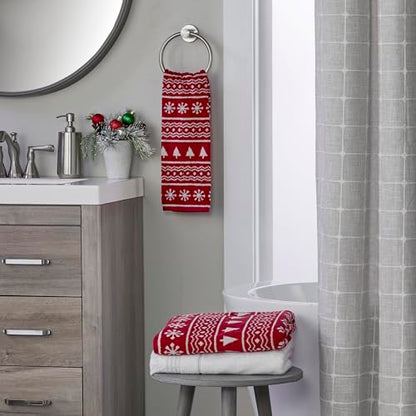 SKL Home Christmas/Winter Fair Isle Bath Towel, 100% Cotton Jacquard, Red | 500 GSM. Soft & absorbent terry with reversible pattern. Great for holiday gifting. - color: Fair Isle, style: Bath Towel