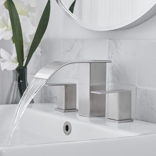 RUMOSE Bathroom Faucets Nickel Bathroom Sink Faucet 3 Hole with Drain | 8 inch Widespread 2 Handles Lavatory Vanity Faucet Set, Waterfall Spout, Deck Mounted, Pop Up Drain, Stainless Steel - color: Brushed Nickel