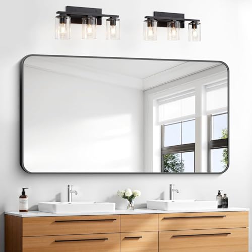 BONEWEI 30x55 inch Bathroom Mirror,Black Rectangle Mirror,Wall Mounted Bathroom Frame Vanity Mirror with Round Corner for Bedroom Living Room, Entryway Hangs Horizontal or Vertical - color: Black Rounded Rectangle, size: 55"L x 30"W