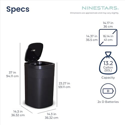 Ninestars 13.2 Gallon Automatic Trash Can, 50L + 12L Touchless Motion Sensor Garbage Can Set of 2 with Soft Close Lid, Liner Ring, Fingerprint Resistant Stainless Steel Kitchen and Bathroom, Black