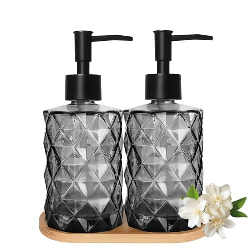12oz Black Glass Hand and Dish Soap Dispenser Set, Diamond Design, Set of 2 | Bathroom Soap Dispenser with Plastic Pumps, Bamboo Tray for Hand Wash & Dish Wash, for Bathroom Kitchen Countertop - color: Black