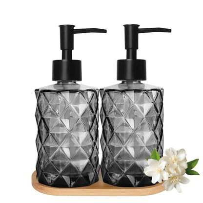 12oz Black Glass Hand and Dish Soap Dispenser Set, Diamond Design, Set of 2 | Bathroom Soap Dispenser with Plastic Pumps, Bamboo Tray for Hand Wash & Dish Wash, for Bathroom Kitchen Countertop - color: Black