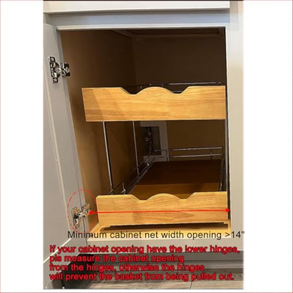DINDON 2 Tier Pull Out Cabinet Organizer (14" W x 21" D) Slide Out Wood Shelf Double Tier Kitchen Wire Basket with Chrome Finish… - size: 14'' W X 21'' D
