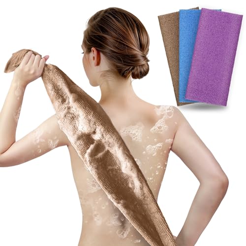 ARCH&M Exfoliating Towel 3-Pack, Nylon, Brown Purple Navy-Blue | Exfoliating Washcloth, 35-Inch, Japanese Washcloth, Deep Exfoliation, Daily Use, Glowing Silky-Smooth Skin - style: Brown Purple Navy-Blue