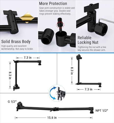 G-Promise 16 Inch Shower Extender with 6 Inch Arm and Flange(Matte Black) | Solid Brass Construction, Height and Angle Adjustable, Standard Connection Thread, All Installation Tools Included - color: Matte Black, style: 16 Inch