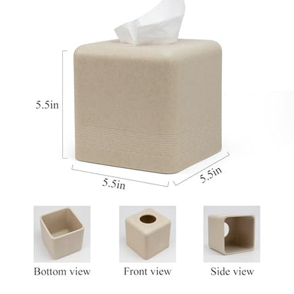 Resin Tissue Box Cover, Modern Square Holder, Beige | Resin tissue box cover with modern square design and silicone feet for bathroom vanity, office desk, and living room - color: Beige