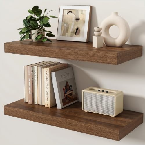 Floating Shelves for Wall, 24 Inch x 8 Inch Deep Wall Mounted Wood Shelf with Invisible Brackets for Storage & Display, Living Room Bedroom Kitchen, Walnut, Set of 2 - color: Walnut, size: 24 Inch, Set of 2